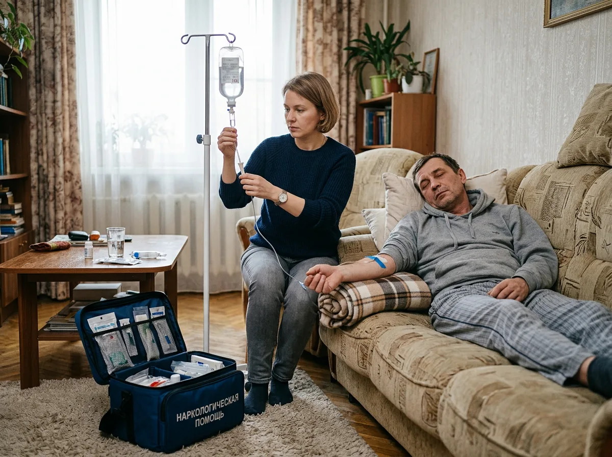 Врач-нарколог в обычной одежде ставит капельницу пациенту дома, спокойная домашняя обстановка, мягкое дневное освещение, медицинская сумка рядом