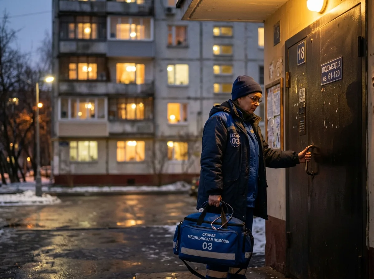 Размытое фоновое изображение: врач с медицинской сумкой у двери жилого дома в Москве, вечернее время, тёплый свет из окон
